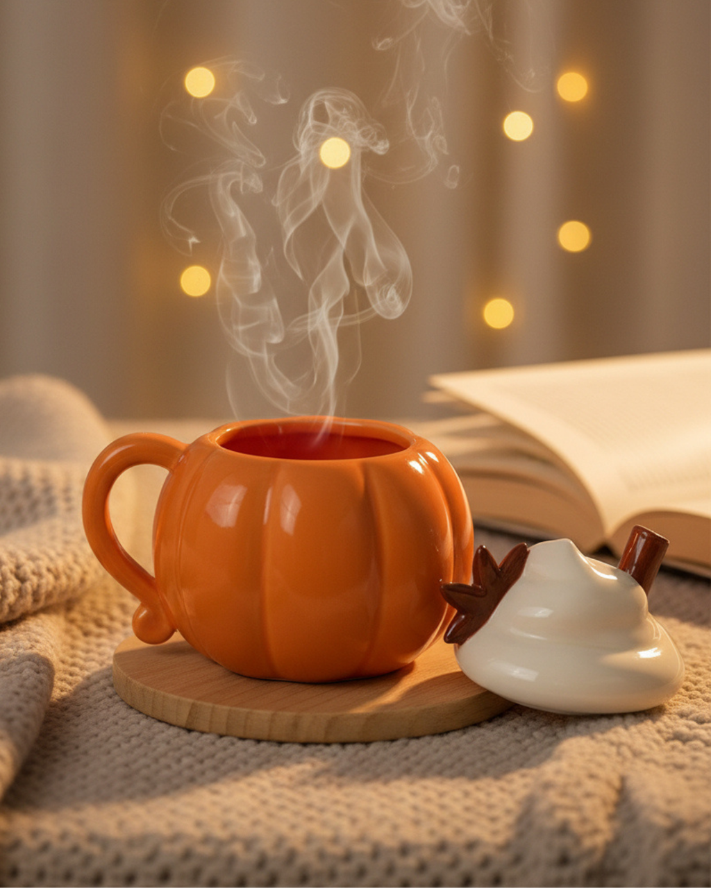 Pumpkin Cream Lidded Mug | Ceramic Pumpkin Mug with Lid
