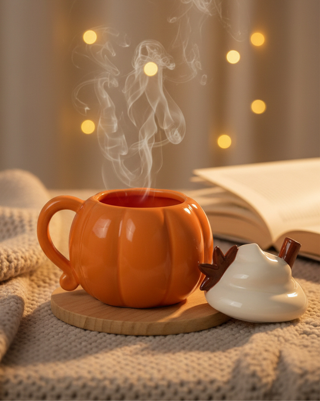 Pumpkin Cream Lidded Mug | Ceramic Pumpkin Mug with Lid
