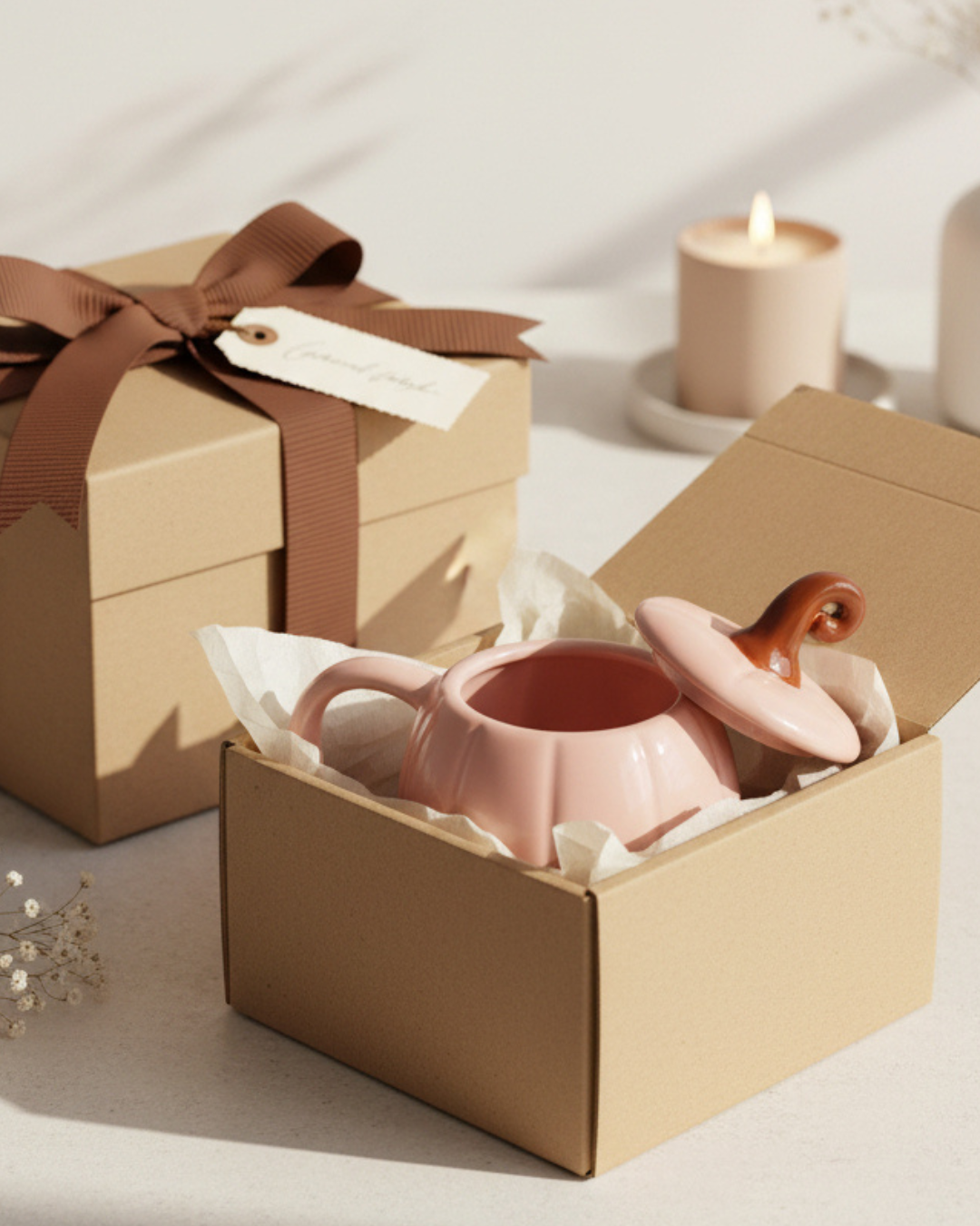 Pink Pumpkin Lidded Mug | Ceramic Pumpkin Mug with Lid