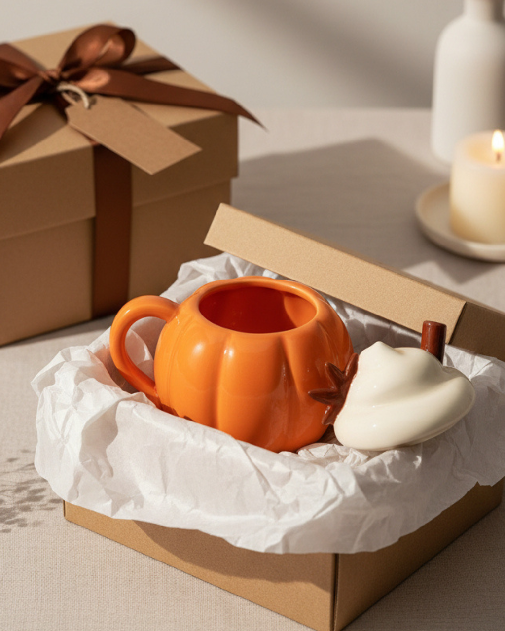 Pumpkin Cream Lidded Mug | Ceramic Pumpkin Mug with Lid