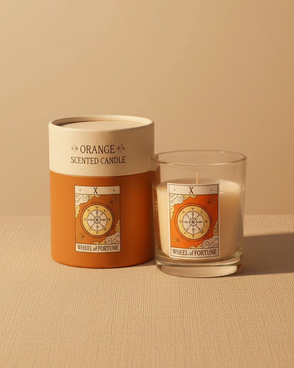 The Wheel of Fortune Vintage Tarot Orange Candle ceramic mug or home décor item.