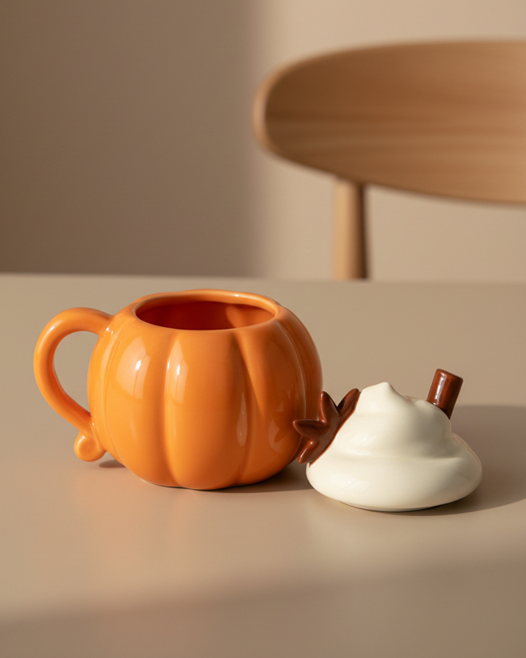 Pumpkin Cream Lidded Mug | Ceramic Pumpkin Mug with Lid
