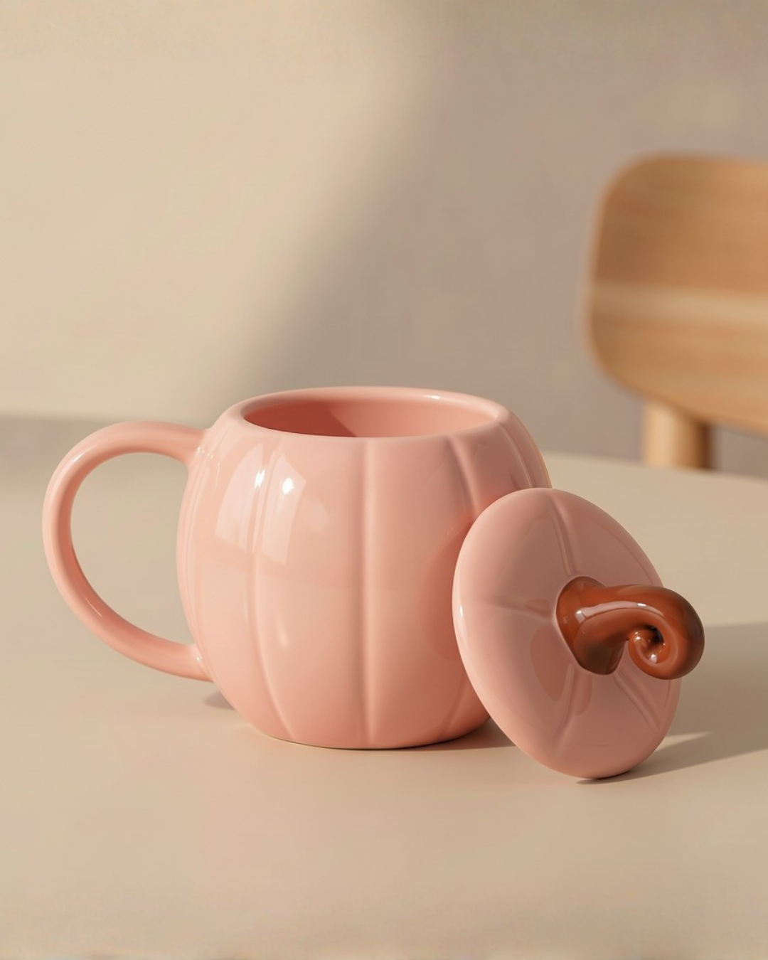 Pink Pumpkin Lidded Mug | Ceramic Pumpkin Mug with Lid