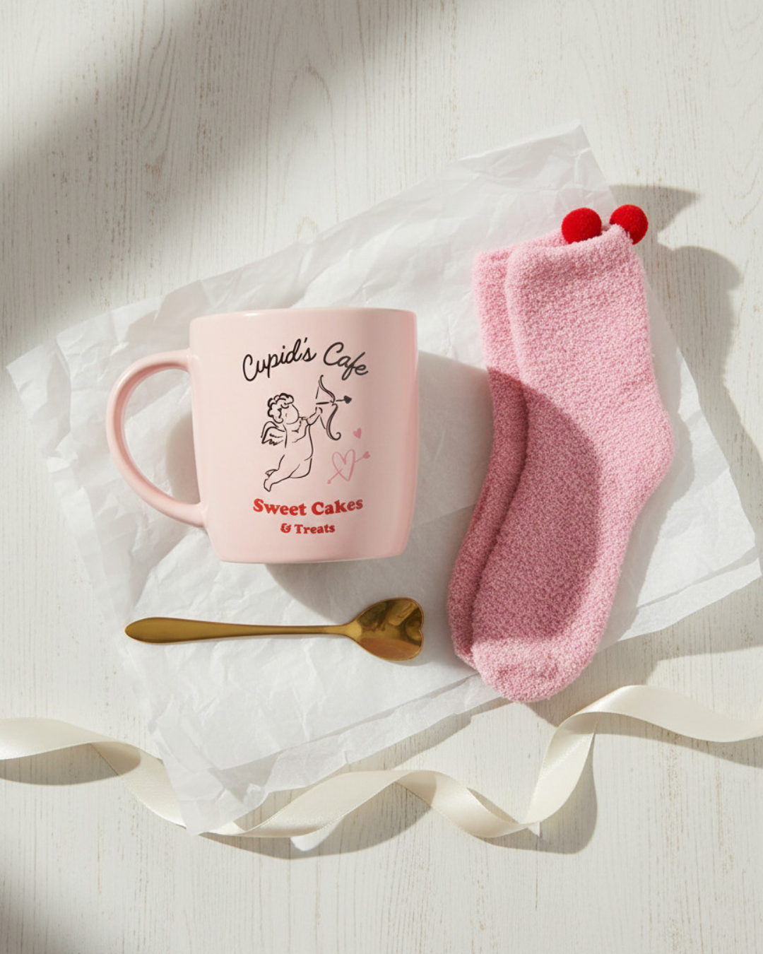 Cupid’s Café Mug, Spoon & Socks Gift Set