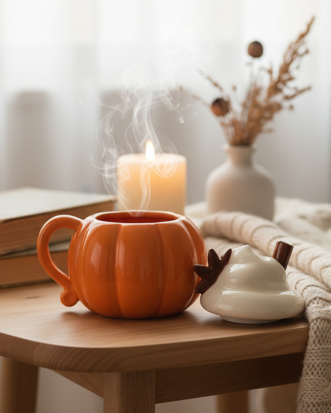 Pumpkin Cream Lidded Mug | Ceramic Pumpkin Mug with Lid