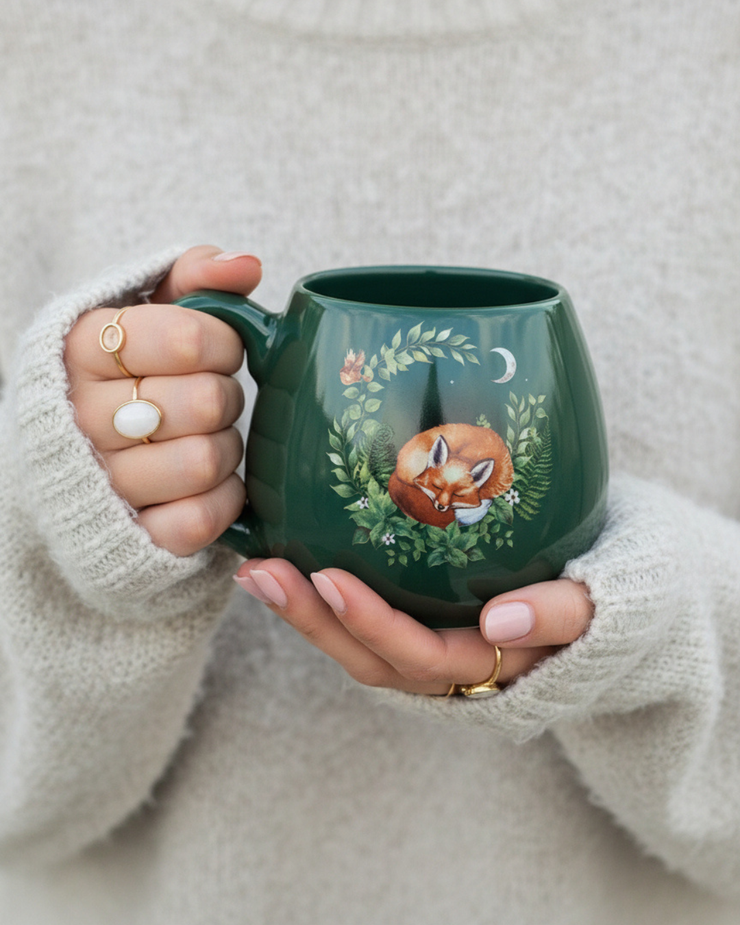 Green Sleeping Fox Rounded Mug