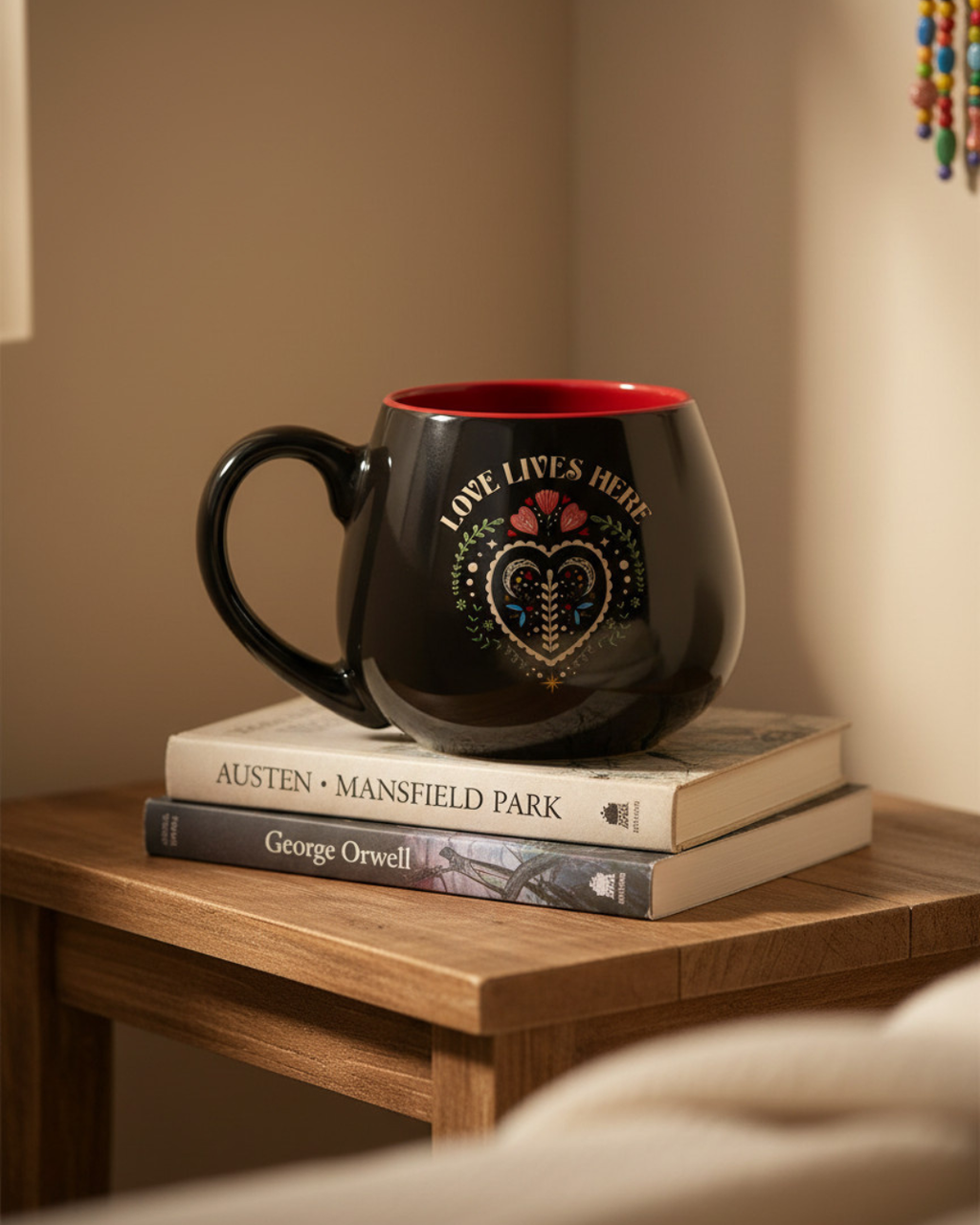 Love Lives Here Folk Heart Rounded Mug