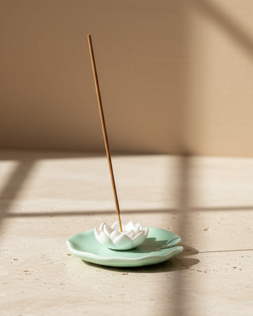 Incense stick on a small green plate with a white base on a wooden surface.