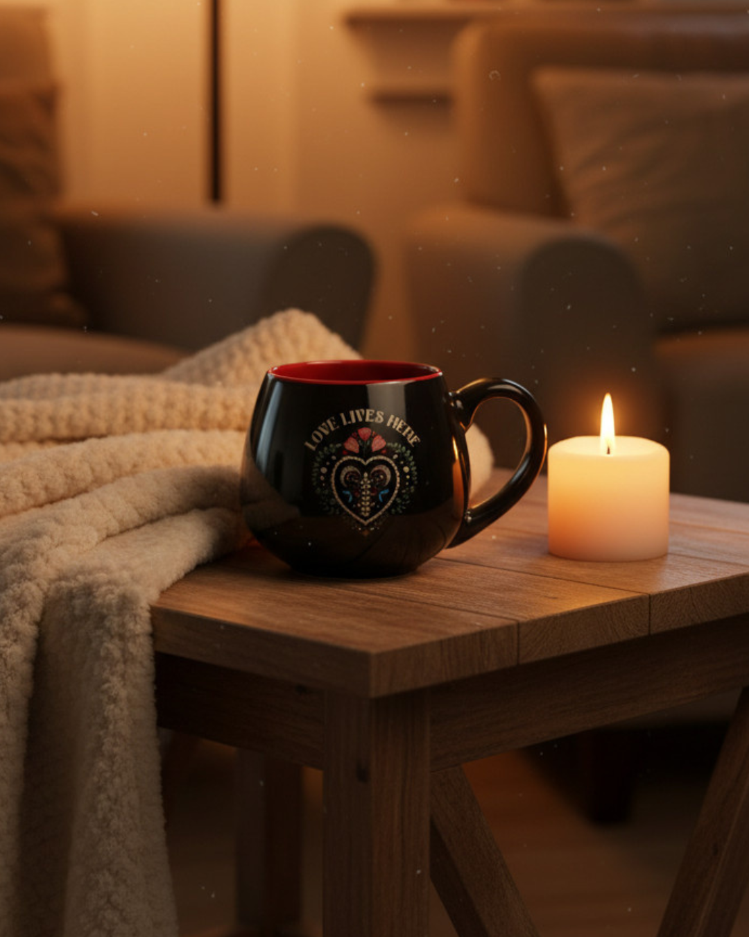 Love Lives Here Folk Heart Rounded Mug