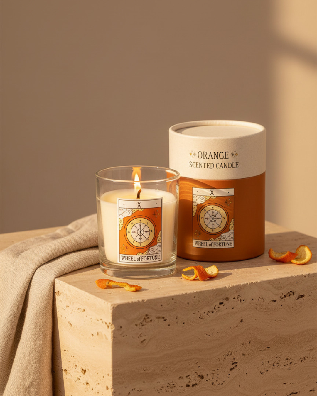 The Wheel of Fortune Vintage Tarot Orange Candle