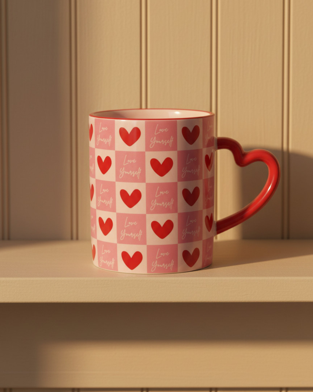 Love Yourself Checkered Mug with Heart Handle
