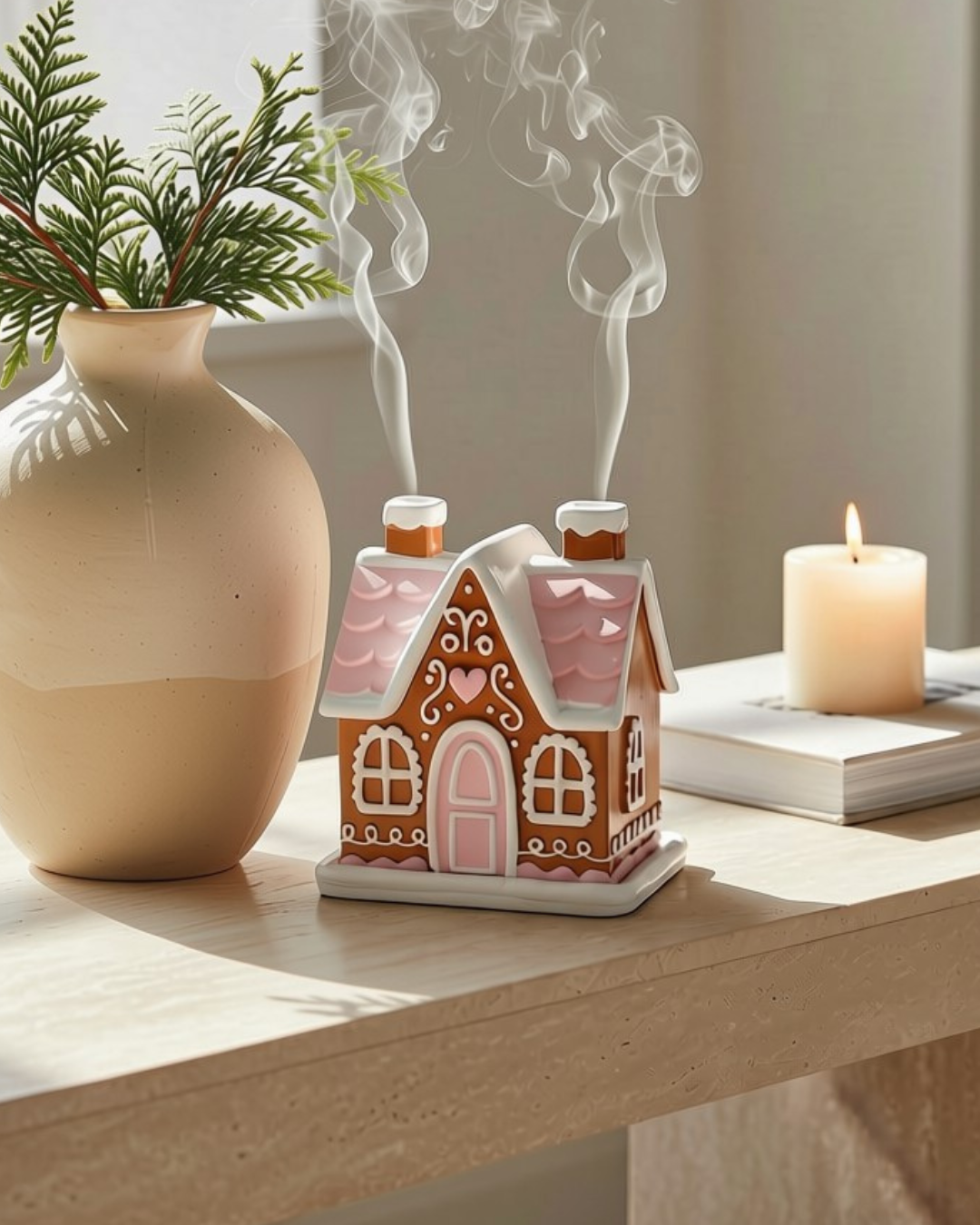 Pink Gingerbread House Incense Cone Burner | Ceramic Christmas House