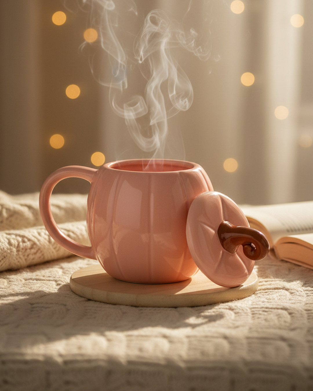 Pink Pumpkin Lidded Mug | Ceramic Pumpkin Mug with Lid