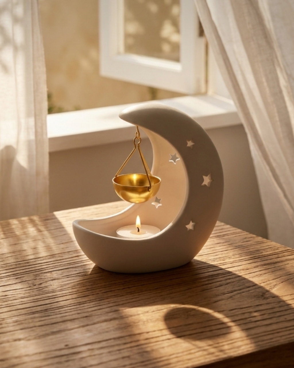 Decorative candle holder shaped like a moon with a small golden lamp on a wooden surface.