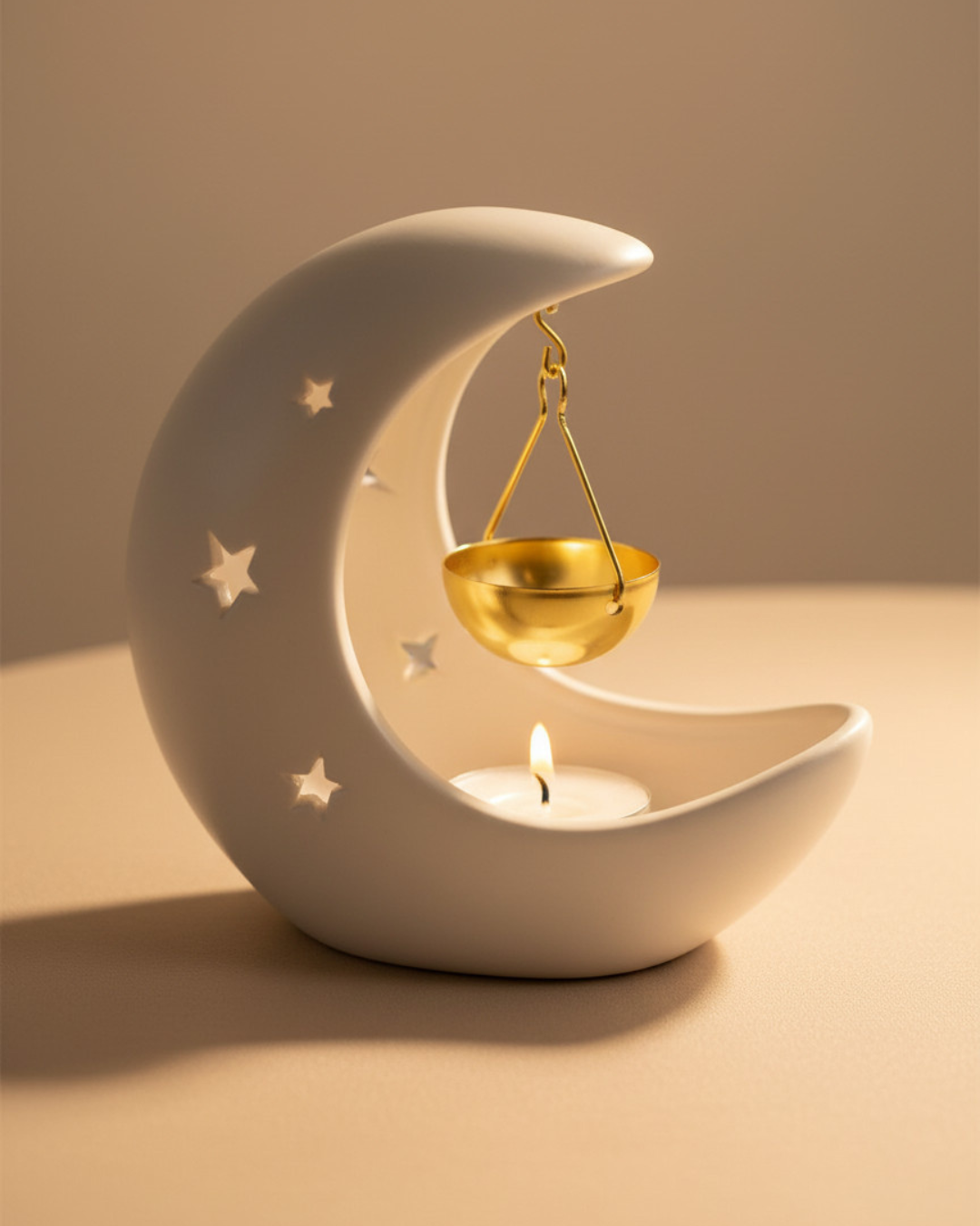 Ceramic moon-shaped holder with a candle and gold hanging bowl on a beige background