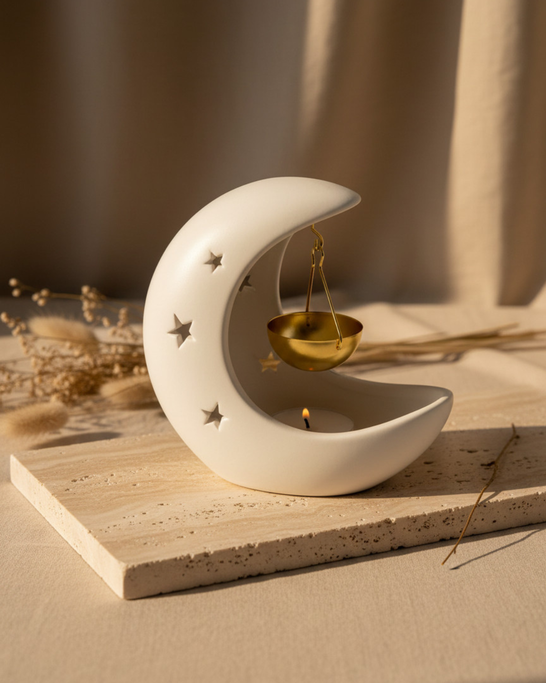 Ceramic moon-shaped incense burner with a gold bowl on a wooden surface.